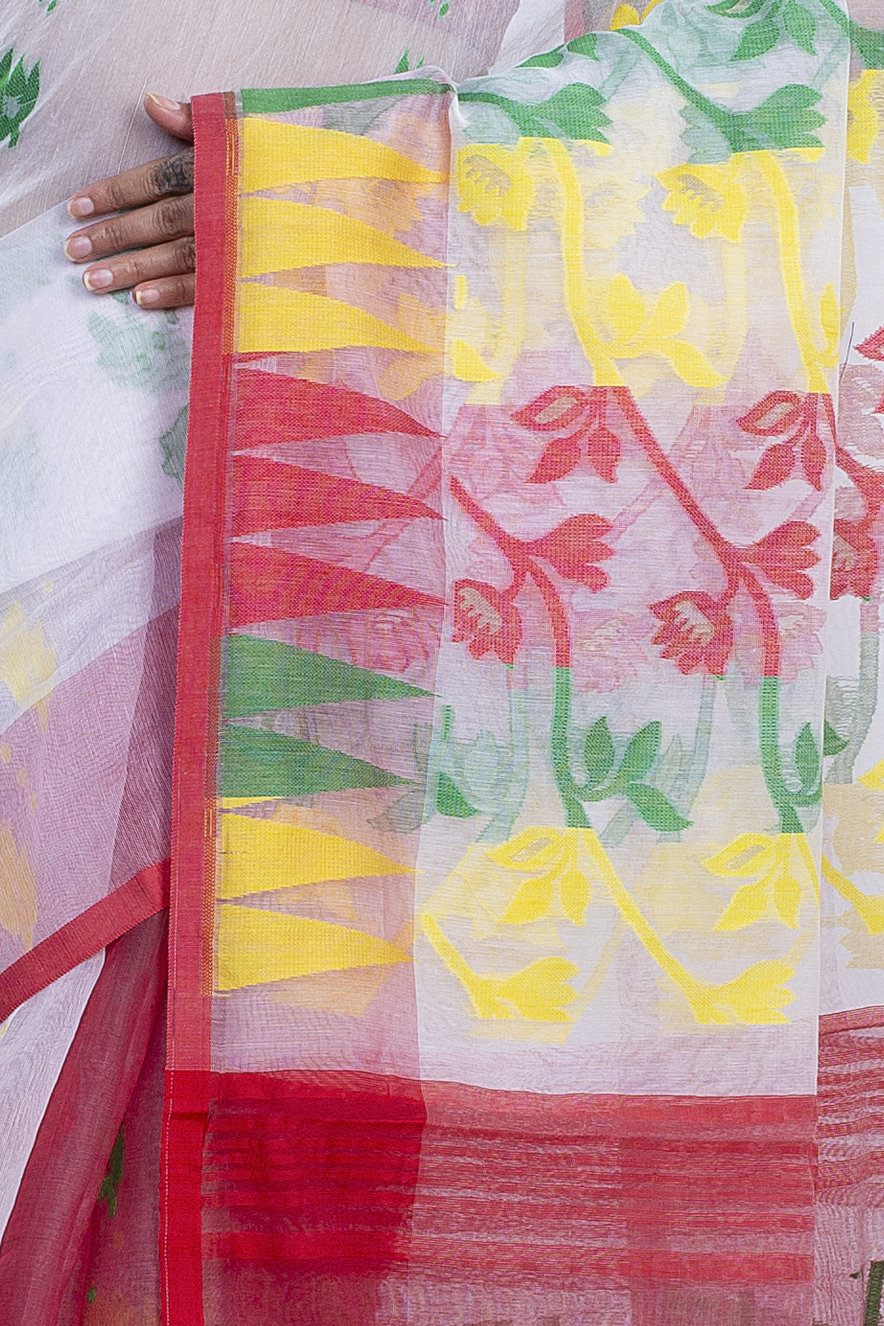 White Red Blended Cotton Moha_Jamdani Jamdani Saree (809)